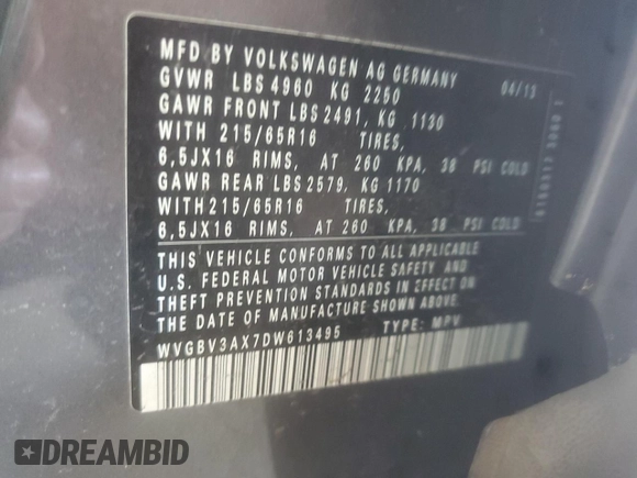 2013 Volkswagen Tiguan SE z VIN WVGBV3AX7DW613495, wystawiony jako Copart lot #59922995 z przebiegiem 224 725 mil mil oraz Czysty tytuł • Clean title. Historia ofert i sprzedaży dostępna na DreamBid. Obrazek 13.