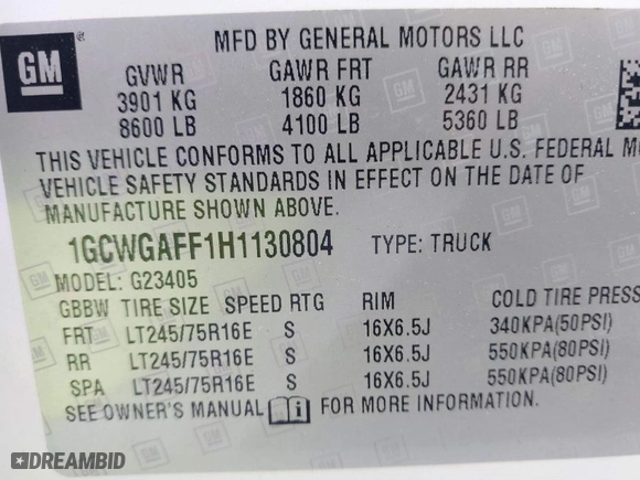 2017 Chevrolet Express Cargo Van with VIN 1GCWGAFF1H1130804, listed as a IAAI auction lot 41867205 with 191,355 mi miles. Bid and sale history available at carsss.com. Image 9.