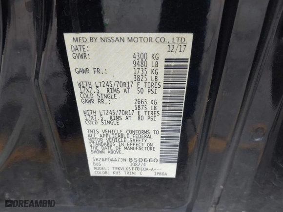 2018 Nissan NV Passenger SL with VIN 5BZAF0AA7JN850660, listed as a IAAI auction lot 41494013 with 124,891 mi miles. Bid and sale history available at carsss.com. Image 9.