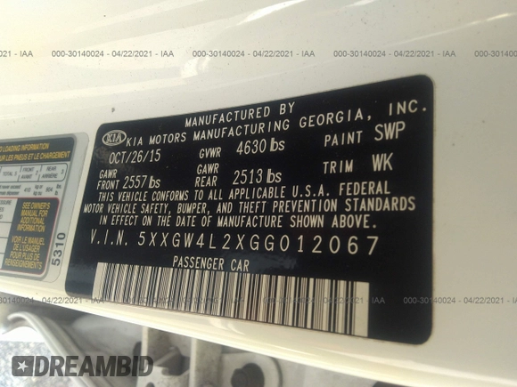 2016 Kia Optima SX Turbo with VIN 5XXGW4L2XGG012067, listed as a IAAI auction lot 41696176 with 81,520 mi miles and . Bid and sale history available at carsss.com. Image 9.