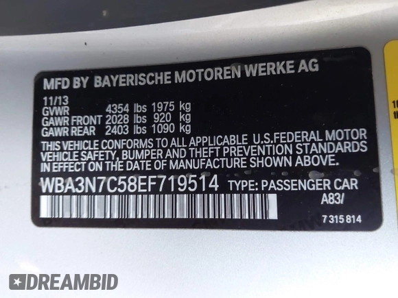 2014 BMW 4 Series 428i with VIN WBA3N7C58EF719514, listed as a IAAI auction lot 42310537 with 82,573 mi miles and . Bid and sale history available at DreamBid. Image 9.