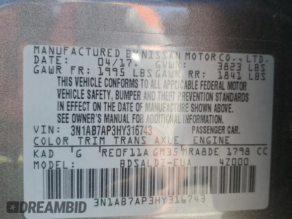 2017 Nissan Sentra S with VIN 3N1AB7AP3HY316743, listed as a Copart auction lot 76824164 with 112,575 mi miles and Salvage Title. Bid and sale history available at DreamBid. Image 13.
