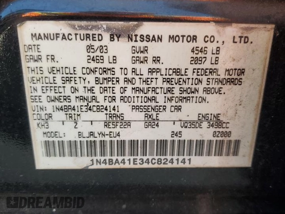 2004 Nissan Maxima SE with VIN 1N4BA41E34C824141, listed as a Copart auction lot 74185754 with 165,159 mi miles and Non Repairable. Bid and sale history available at carsss.com. Image 12.