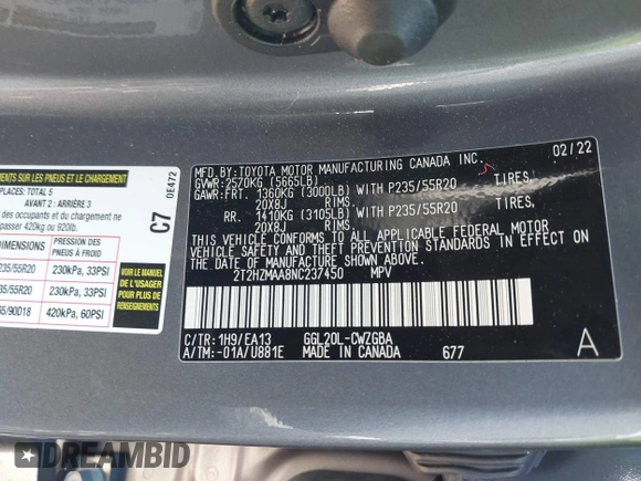 2022 Lexus RX 350 with VIN 2T2HZMAA8NC237450, listed as a IAAI auction lot 41892280 with 43,017 mi miles and . Bid and sale history available at DreamBid. Image 9.