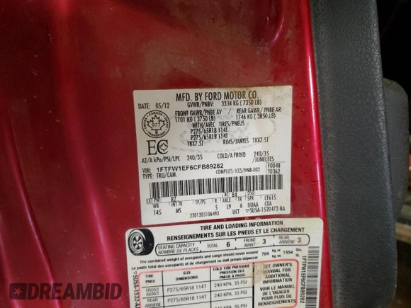 2012 Ford F-150 XL with VIN 1FTFW1EF6CFB89282, listed as a Copart auction lot 58932705 with 371,950 mi miles and Clean title. Bid and sale history available at DreamBid. Image 12.