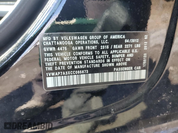 2012 Volkswagen Passat S w/Appearance with VIN 1VWAP7A3XCC085673, listed as a Copart auction lot 51925635 with 141,150 mi miles and Salvage Title. Bid and sale history available at carsss.com. Image 14.
