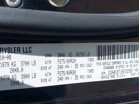 2009 Dodge 1500 Laramie with VIN 1D3HB18T19S722569, listed as a IAAI auction lot 42122772 with 118,557 mi miles and . Bid and sale history available at DreamBid. Image 9.