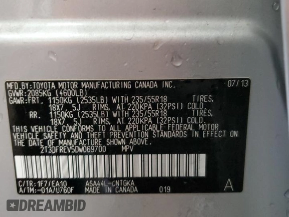 2013 Toyota RAV4 Limited with VIN 2T3DFREV5DW069700, listed as a Copart auction lot 60979275 with 128,690 mi miles and Clean title. Bid and sale history available at DreamBid. Image 13.