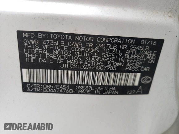 2016 Lexus IS 300/350 z VIN JTHCM1D22G5007983, wystawiony jako Copart lot #55933555 z przebiegiem 131 006 mil mil oraz Szkoda całkowita • Salvage title. Historia ofert i sprzedaży dostępna na DreamBid. Obrazek 12.