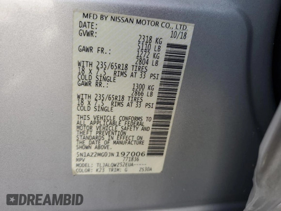 2018 Nissan Murano SV with VIN 5N1AZ2MG0JN197006, listed as a Copart auction lot 49572025 with 87,903 mi miles and Salvage Title. Bid and sale history available at DreamBid. Image 15.