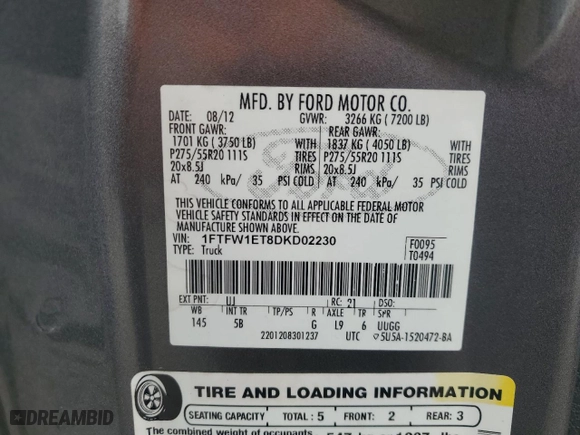 2013 Ford F-150 XL with VIN 1FTFW1ET8DKD02230, listed as a Copart auction lot 51750615 with 236,184 mi miles and Clean Title. Bid and sale history available at carsss.com. Image 12.