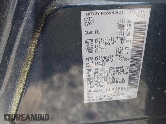 2015 Nissan Pathfinder Platinum with VIN 5N1AR2MN9FC649696, listed as a IAAI auction lot 41931888 with 181,013 mi miles and . Bid and sale history available at DreamBid. Image 9.