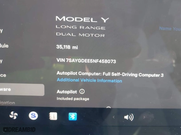2022 Tesla Model Y Long Range with VIN 7SAYGDEE5NF458073, listed as a IAAI auction lot 41120536 with 35,118 mi miles. Bid and sale history available at carsss.com. Image 15.