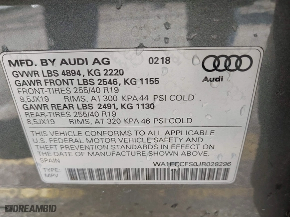 2018 Audi Q3 Premium with VIN WA1ECCFS0JR028296, listed as a IAAI auction lot 41547417 with 75,798 mi miles. Bid and sale history available at carsss.com. Image 9.