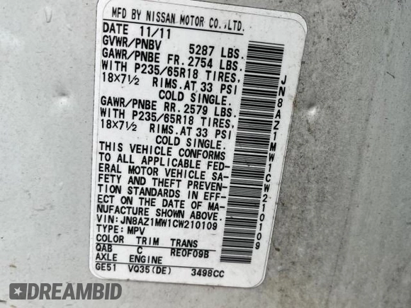 2012 Nissan Murano S with VIN JN8AZ1MW1CW210109, listed as a Copart auction lot 49190345 with 154,924 mi miles and Clean Title. Bid and sale history available at DreamBid. Image 10.