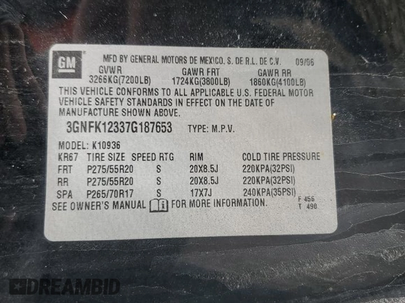 2007 Chevrolet Avalanche 3LT z VIN 3GNFK12337G187653, wystawiony jako Copart lot #54902105 z przebiegiem 240 865 mil mil oraz Nie do naprawy • Non repairable. Historia ofert i sprzedaży dostępna na DreamBid. Obrazek 13.