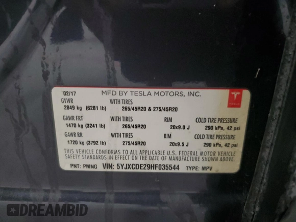2017 Tesla Model X 90D with VIN 5YJXCDE29HF035544, listed as a Copart auction lot 45111265 with Not Provided miles and Clean Title. Bid and sale history available at DreamBid. Image 13.