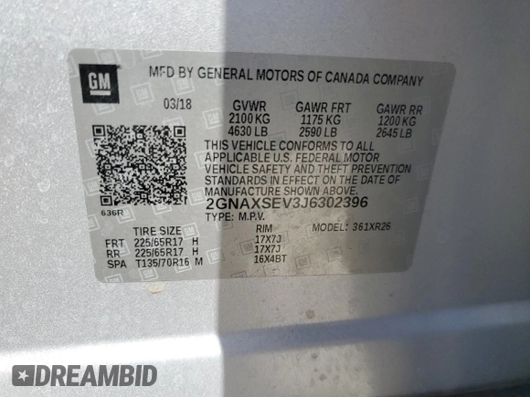 2018 Chevrolet Equinox LT with VIN 2GNAXSEV3J6302396, listed as a Copart auction lot 54289685 with 100,270 mi miles and Salvage Title. Bid and sale history available at DreamBid. Image 13.