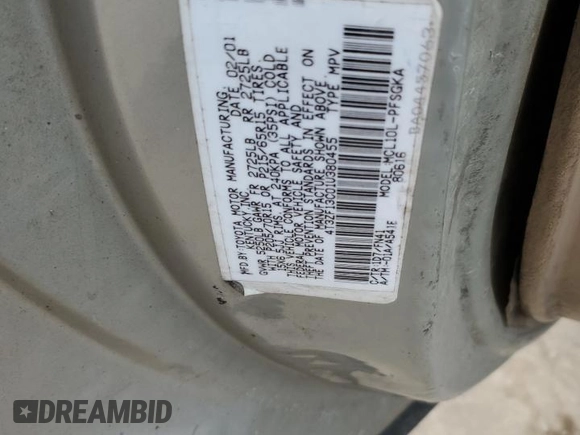 2001 Toyota Sienna LE with VIN 4T3ZF13C01U380455, listed as a Copart auction lot 82256374 with 0 mi miles and Non Repairable. Bid and sale history available at carsss.com. Image 13.