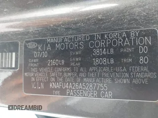 2010 Kia Forte EX with VIN KNAFU4A26A5287755, listed as a IAAI auction lot 41983578 with 273,765 mi miles. Bid and sale history available at carsss.com. Image 9.