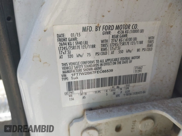 2015 Ford F-250 Lariat с VIN 1FT7W2B67FEC66539, выставлен на аукционе IAAI как лот 41540060 с пробегом 282 737 миль миль и . История ставок и продаж доступна на DreamBid. Изображение 9.