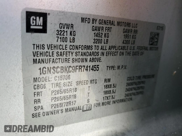 2015 Chevrolet Tahoe LT with VIN 1GNSCBKC9FR741455, listed as a Copart auction lot 50526445 with 157,252 mi miles and Salvage Title. Bid and sale history available at DreamBid. Image 15.