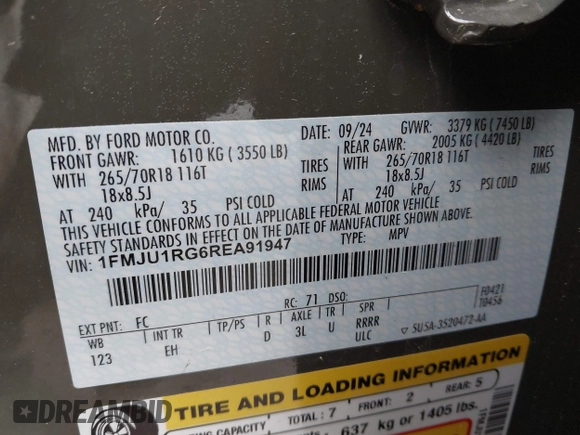 2024 Ford Expedition Timberline с VIN 1FMJU1RG6REA91947, выставлен на аукционе IAAI как лот 41909733 с пробегом 22 969 миль миль и . История ставок и продаж доступна на DreamBid. Изображение 9.