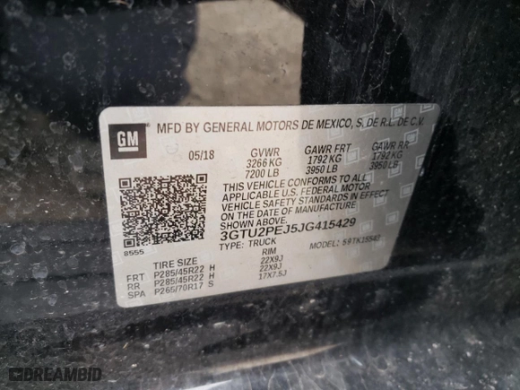 2018 GMC Sierra 1500 Denali with VIN 3GTU2PEJ5JG415429, listed as a Copart auction lot 46312325 with 111,171 mi miles and Salvage Title. Bid and sale history available at carsss.com. Image 12.