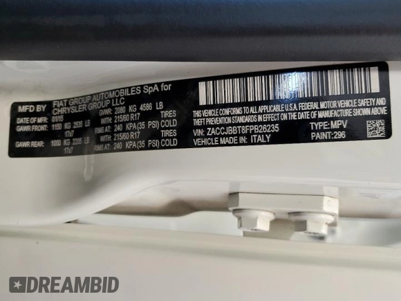 2015 Jeep Renegade Latitude z VIN ZACCJBBT8FPB26235, wystawiony jako Copart lot #53965535 z przebiegiem 66 712 mil mil oraz Szkoda całkowita • Salvage title. Historia ofert i sprzedaży dostępna na DreamBid. Obrazek 12.