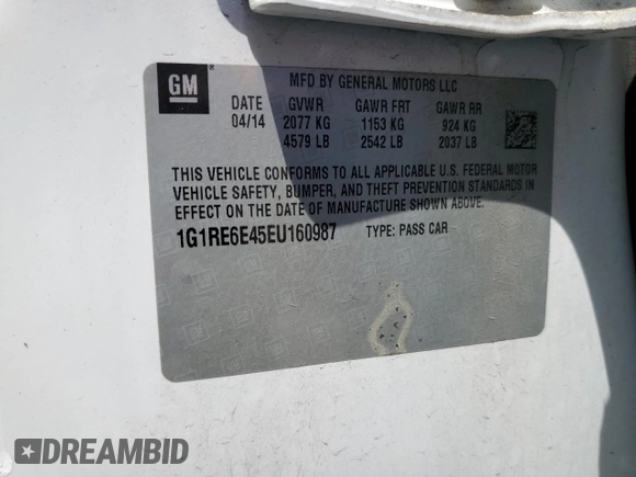 2014 Chevrolet Volt with VIN 1G1RE6E45EU160987, listed as a Copart auction lot 56955745 with 148,167 mi miles and Clean Title. Bid and sale history available at DreamBid. Image 12.