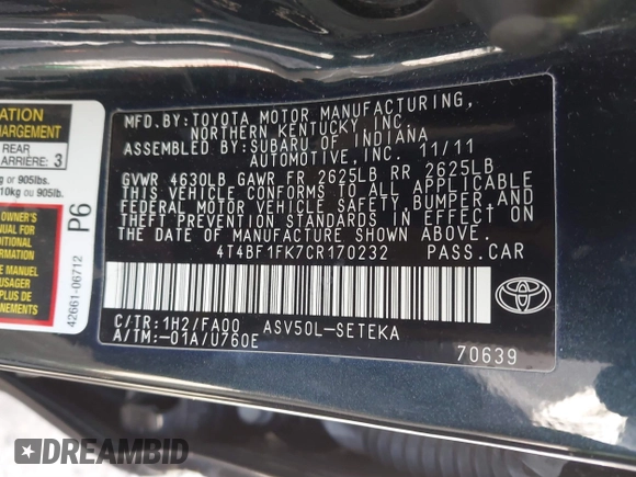 2012 Toyota Camry L with VIN 4T4BF1FK7CR170232, listed as a IAAI auction lot 41825981 with 224,154 mi miles. Bid and sale history available at carsss.com. Image 9.