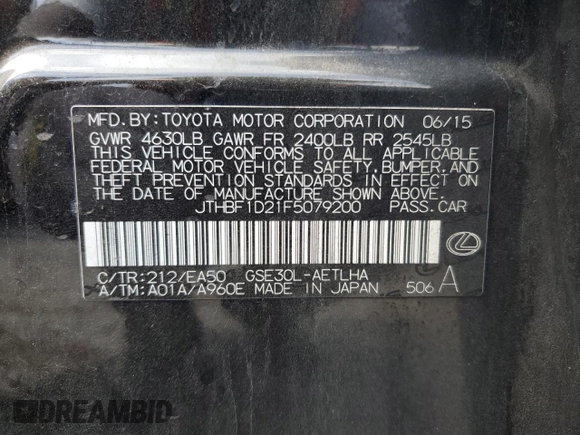 2015 Lexus IS 250 with VIN JTHBF1D21F5079200, listed as a Copart auction lot 56868975 with 108,035 mi miles and Salvage title. Bid and sale history available at DreamBid. Image 13.