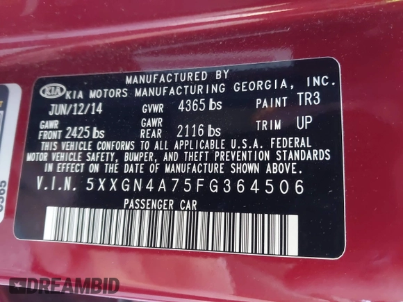 2015 Kia Optima EX with VIN 5XXGN4A75FG364506, listed as a IAAI auction lot 41701331 with 120,412 mi miles. Bid and sale history available at carsss.com. Image 9.