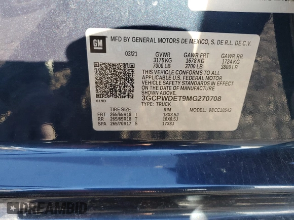 2021 Chevrolet Silverado 1500 RST with VIN 3GCPWDET9MG270708, listed as a Copart auction lot 87276814 with Not Provided miles and Salvage Title. Bid and sale history available at DreamBid. Image 13.