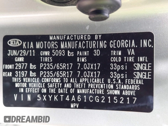 2012 Kia Sorento LX with VIN 5XYKT4A61CG215217, listed as a IAAI auction lot 42103645 with 200,758 mi miles. Bid and sale history available at carsss.com. Image 9.