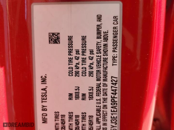 2023 Tesla Model 3 with VIN 5YJ3E1EA9PF447427, listed as a Copart auction lot 51603385 with 99,593 mi miles and Non Repairable. Bid and sale history available at carsss.com. Image 13.