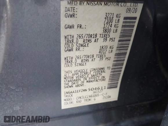 2021 Nissan Titan SV with VIN 1N6AA1EF2MN504611, listed as a IAAI auction lot 41469990 with 81,432 mi miles and . Bid and sale history available at DreamBid. Image 9.