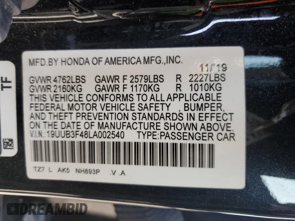 2020 Acura TLX w/Technology Pkg with VIN 19UUB3F48LA002540, listed as a Copart auction lot 48631235 with 70,326 mi miles and Salvage Title. Bid and sale history available at carsss.com. Image 15.