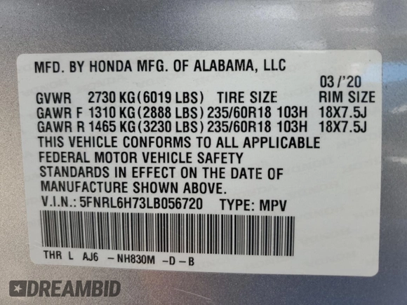 2020 Honda Odyssey EX-L with VIN 5FNRL6H73LB056720, listed as a Copart auction lot 87205024 with 60,219 mi miles and Salvage Title. Bid and sale history available at carsss.com. Image 13.