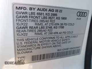 2022 Audi SQ8 Prestige z VIN WA1CWBF16ND026457, wystawiony jako Copart lot #84327434 z przebiegiem 24 770 mil mil oraz Szkoda całkowita • Salvage title. Historia ofert i sprzedaży dostępna na DreamBid. Obrazek 13.