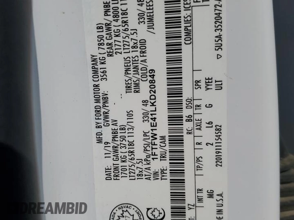 2020 Ford F-150 XL z VIN 1FTFW1E41LKD20849, wystawiony jako Copart lot #55774935 z przebiegiem 171 239 mil mil oraz Czysty tytuł • Clean title. Historia ofert i sprzedaży dostępna na DreamBid. Obrazek 12.