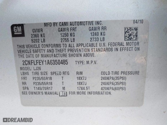 2010 Chevrolet Equinox LTZ with VIN 2CNFLFEY1A6350485, listed as a IAAI auction lot 41312046 with 168,267 mi miles. Bid and sale history available at carsss.com. Image 9.