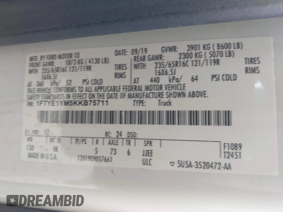 2019 Ford Transit с VIN 1FTYE1YM5KKB75711, выставлен на аукционе IAAI как лот 41955441 с пробегом 170 306 миль миль и . История ставок и продаж доступна на DreamBid. Изображение 9.