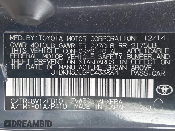2015 Toyota Prius Four with VIN JTDKN3DU5F0433864, listed as a IAAI auction lot 42106791 with 113,989 mi miles and . Bid and sale history available at DreamBid. Image 9.