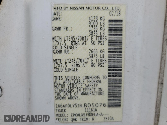2018 Nissan NV Cargo SV z VIN 1N6AF0LY5JN805076, wystawiony jako Copart lot #56112895 z przebiegiem 229 785 mil mil oraz Tytuł czysty. Historia ofert i sprzedaży dostępna na DreamBid. Obrazek 14.