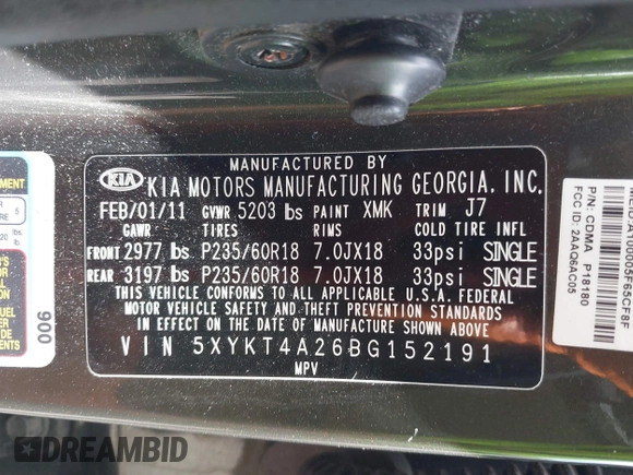 2011 Kia Sorento LX with VIN 5XYKT4A26BG152191, listed as a IAAI auction lot 42257365 with 198,595 mi miles and . Bid and sale history available at DreamBid. Image 9.