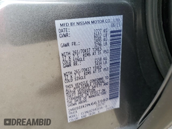 2023 Nissan Frontier PRO-4X with VIN 1N6ED1EK2PN663980, listed as a Copart auction lot 74612904 with 0 mi miles and Non Repairable. Bid and sale history available at carsss.com. Image 13.