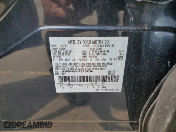 2023 Ford Edge SE with VIN 2FMPK4G91PBA06396, listed as a Copart auction lot 58930365 with 11,545 mi miles and Non repairable. Bid and sale history available at DreamBid. Image 13.