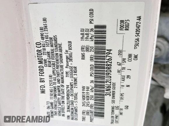 2013 Lincoln MKZ Hybrid with VIN 3LN6L2LU9DR826794, listed as a Copart auction lot 51668715 with 181,800 mi miles and Salvage Title. Bid and sale history available at carsss.com. Image 12.