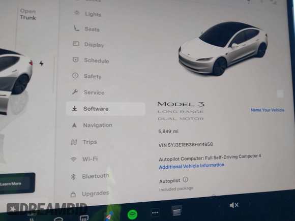 2025 Tesla Model 3 Long Range with VIN 5YJ3E1EB3SF914858, listed as a IAAI auction lot 42719707 with 5,849 mi miles and . Bid and sale history available at DreamBid. Image 7.